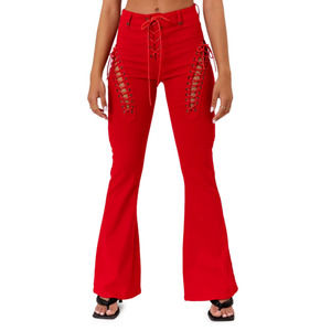 Edikted Women's Jeans Size Medium Engine Red Lace-Up High Waist Flare Jeans Punk